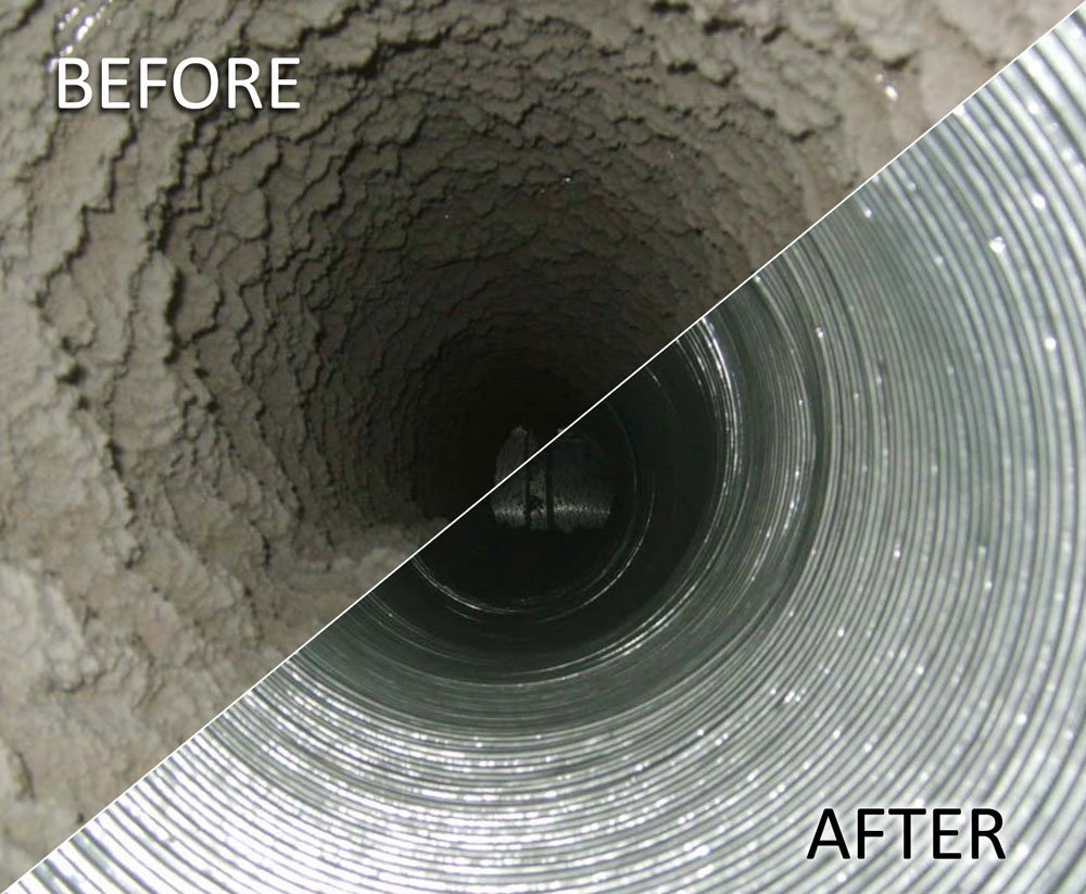 Before and after view of a dirty and clean chimney flue by Western Expanse Chimney and Hearth in De Smet, ID.