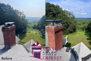 Before and after comparison of a chimney showing repair and new cap installation by Granite State Chimney in Manchester, NH