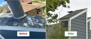 Before and after view of a chimney vent replacement on a roof by Top Chimney Fix in Denver, CO.