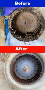 Before and after images showing a dirty furnace blower fan cleaned by Welcome Home Residential Solutions, LLC in Kansas City, KS.