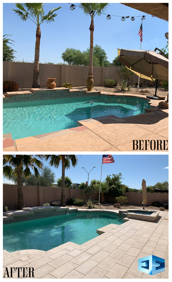 Before and after of a cloudy pool transformed into a sparkling clean pool by E and E Pools in Chandler, AZ.
