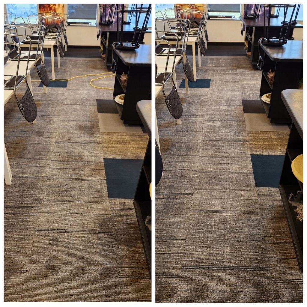 Before and after comparison of commercial carpet after professional cleaning by Ohana Clean llc in Saint Paul, MN