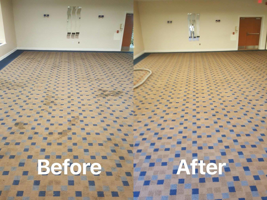 Before and after photos of a large commercial carpet cleaning job by Sure Clean Professionals in Port St. Lucie, FL