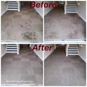 Before and after comparison of commercial carpet tiles after professional cleaning by Belles Carpet Cleaning & Janitorial Inc. in Harrisburg, PA.