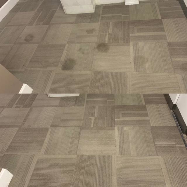 Before and after of commercial carpet tiles showing effective cleaning by Evansville Kwik Dry Total Cleaning in Evansville, IN.