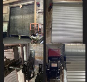 Before and after replacement of a commercial roll-up garage door, including new motor and chain drive, by Garage Door Repair Company, LLC in Pueblo, CO.