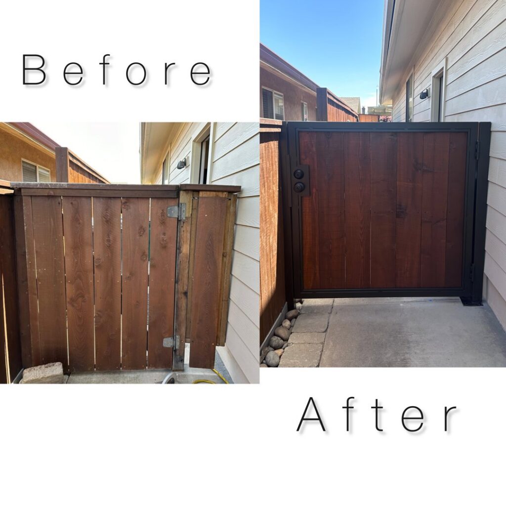 Before and after comparison of an old wooden gate replaced with a new custom iron and wood gate by Exclusive Custom Iron Works in Stockton, CA.