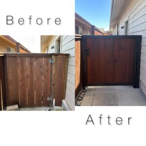 Before and after comparison of an old wooden gate replaced with a new custom iron and wood gate by Exclusive Custom Iron Works in Stockton, CA.