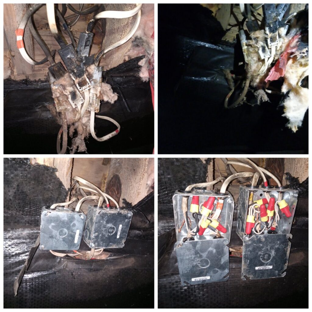 Before and after of damaged electrical wiring repair and replacement in a crawl space by Elite Electrical TN in Jackson, TN.