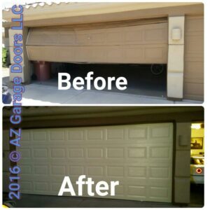 A before and after comparison showing a severely damaged garage door repaired by Az Garage Door in Phoenix, AZ.