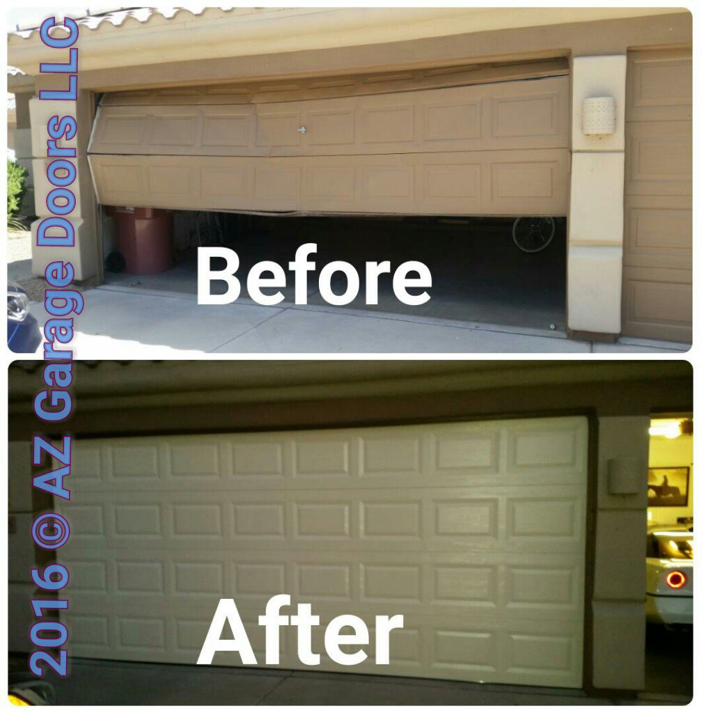 A before and after comparison showing a severely damaged garage door repaired by Az Garage Door in Phoenix, AZ.