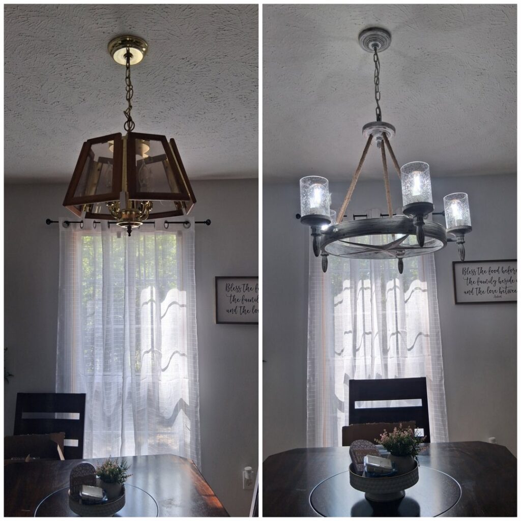 Before and after of a dining room chandelier replacement by Elite Electrical TN in Jackson, TN.