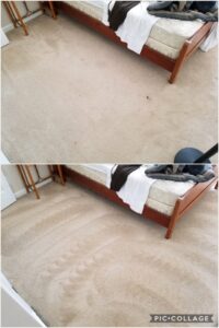 Before and after comparison of a dirty beige carpeted bedroom cleaned by Mr. Steamer Carpet Cleaning in Springfield, OR