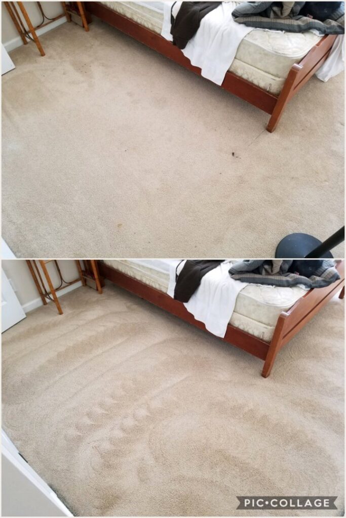 Before and after comparison of a dirty beige carpeted bedroom cleaned by Mr. Steamer Carpet Cleaning in Springfield, OR