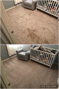 Before and after comparison of a dirty beige carpeted nursery room cleaned by Mr. Steamer Carpet Cleaning in Springfield, OR