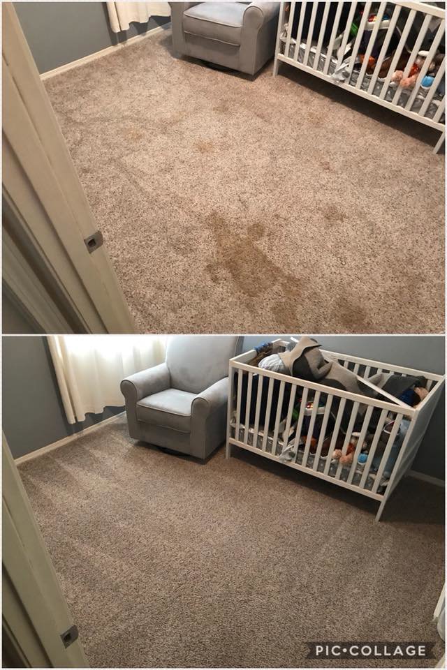 Before and after comparison of a dirty beige carpeted nursery room cleaned by Mr. Steamer Carpet Cleaning in Springfield, OR