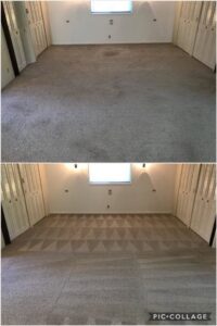 Before and after of a dirty beige carpeted room, now clean with visible patterns from Mr. Steamer Carpet Cleaning in Springfield, OR