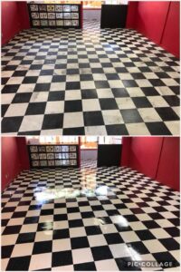 Before and after comparison of a dirty beige carpeted room with yellow walls cleaned by Mr. Steamer Carpet Cleaning in Springfield, OR