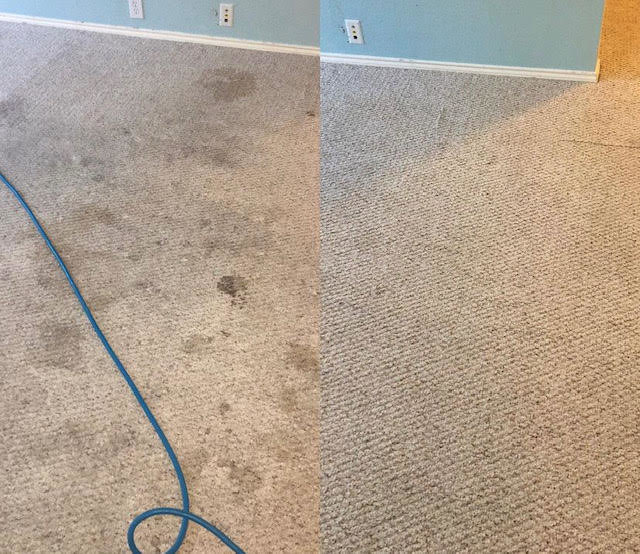 Before and after comparison of a dirty carpet professionally cleaned by A Brighter Cleaning Service in Arlington, TX.