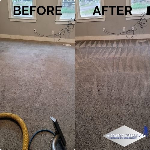 Before and after comparison of a dirty carpet being professionally cleaned by JP Carpet & Tile Care in Sherman Oaks, CA.