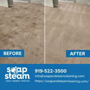 Before and after comparison of a dirty carpet cleaned by Soap & Steam Carpet Cleaning in Raleigh, NC