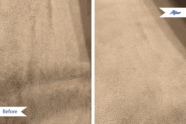 Before and after comparison of a dirty carpet after professional cleaning by Veterans Chem-Dry Music City in Nashville, TN.