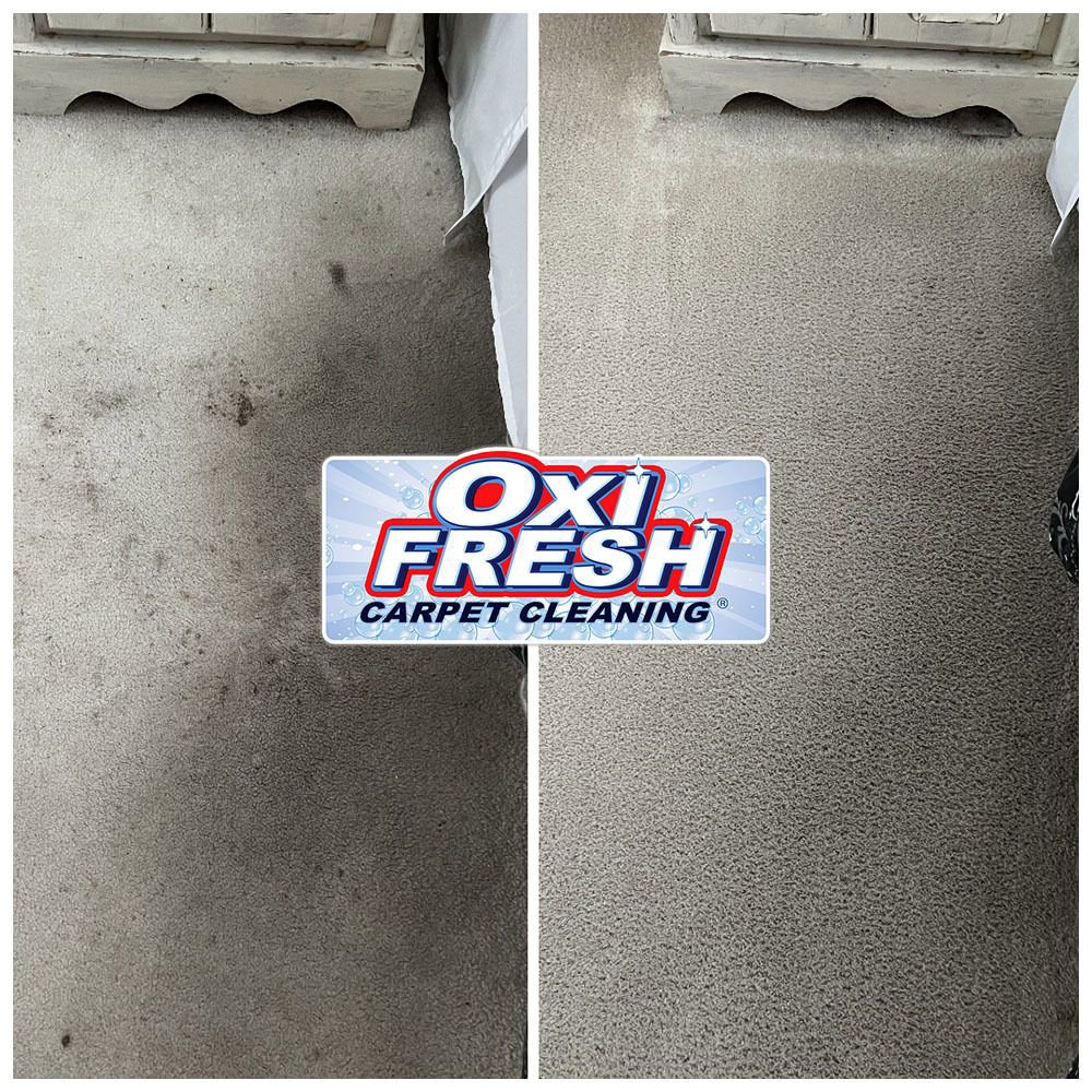 Before and after photo of dirty carpet restoration by Oxi Fresh Carpet Cleaning in Las Vegas, NV.