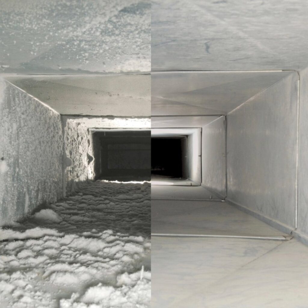 Before and after comparison of a dirty and professionally cleaned air duct by Black Hills Premier Air in Box Elder, SD.