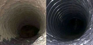 Before and after comparison of a dirty air duct and a clean, shiny air duct by JJ Duct Cleaning in Aurora, IL