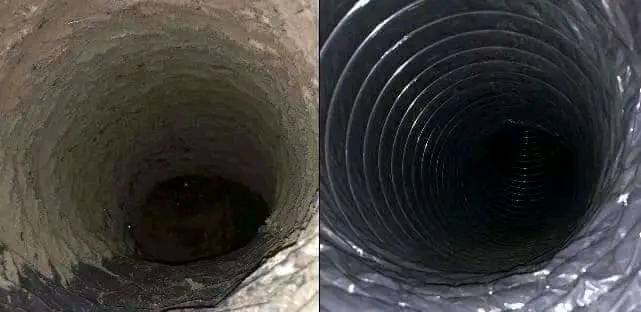 Before and after comparison of a dirty air duct and a clean, shiny air duct by JJ Duct Cleaning in Aurora, IL