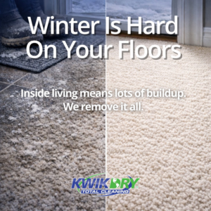 A before and after comparison showing dirty carpet with snow and clean carpet, highlighting services by Reno Kwik Dry Total Cleaning in Sparks, NV.