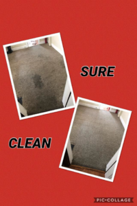 Before and after photos showing a dirty carpet transformed into a clean one by Sure Clean Professionals in Port St. Lucie, FL