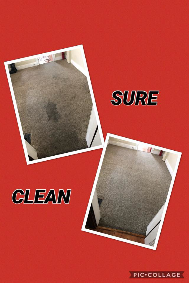 Before and after photos showing a dirty carpet transformed into a clean one by Sure Clean Professionals in Port St. Lucie, FL