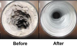 Before and after comparison of a dirty flue cleaned by Flathead Janitorial Restoration & Cleaning in Kalispell, MT