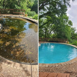 Before and after comparison of a dirty pool transformed into a clean, sparkling pool by Bluestone Pool Cleaning & Services in Clarksville, TN.