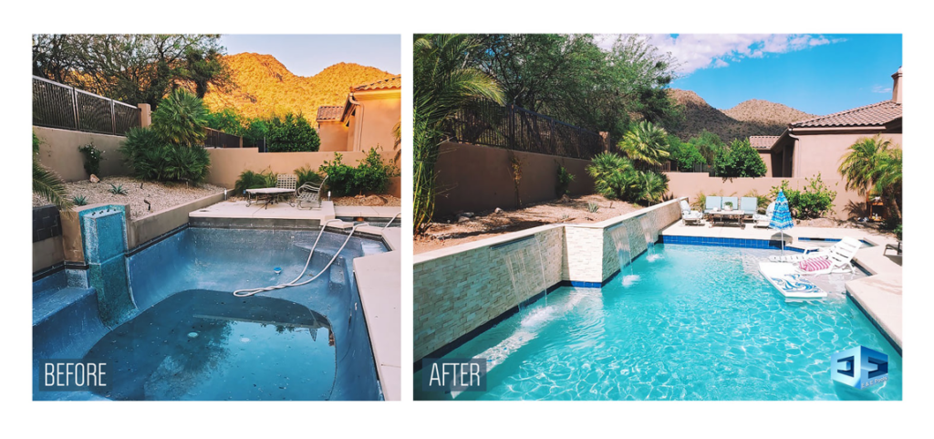 Before and after of a dirty, empty pool restored to a clean, full pool by E and E Pools in Chandler, AZ.
