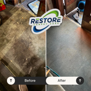 Before and after comparison of a dirty entrance carpet cleaned by Restore Carpet Care and Tile in Tallahassee, FL