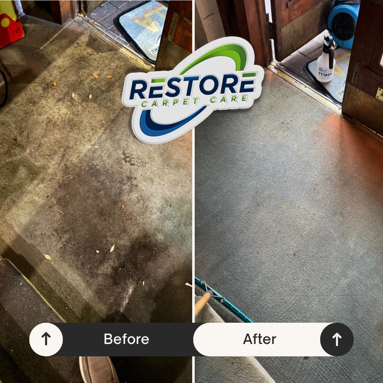 Before and after comparison of a dirty entrance carpet cleaned by Restore Carpet Care and Tile in Tallahassee, FL