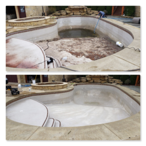 Before and after photos showing a dirty pool cleaned by Water Works Pool & Spa Service in Madison, WI