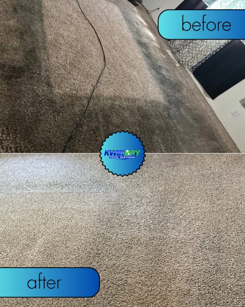 A before and after comparison showing a dirty carpet transformed into a clean one by Reno Kwik Dry Total Cleaning in Sparks, NV.