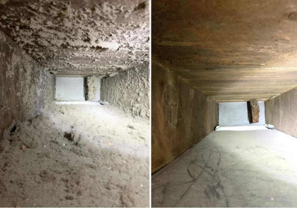 Before and after view of a heavily dusty air duct cleaned by JJ Duct Cleaning in Aurora, IL