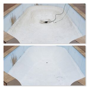 Before and after photos of an empty pool undergoing deep cleaning by Water Works Pool & Spa Service in Madison, WI