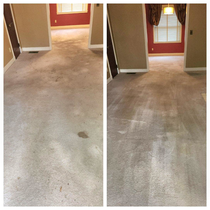 Before and after of a heavily soiled entryway carpet, now spotless, by Spots Away Carpet Cleaning in Montgomery, AL