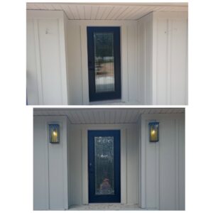 Before and after of exterior porch lights installation around a front door by Elite Electrical TN in Jackson, TN.