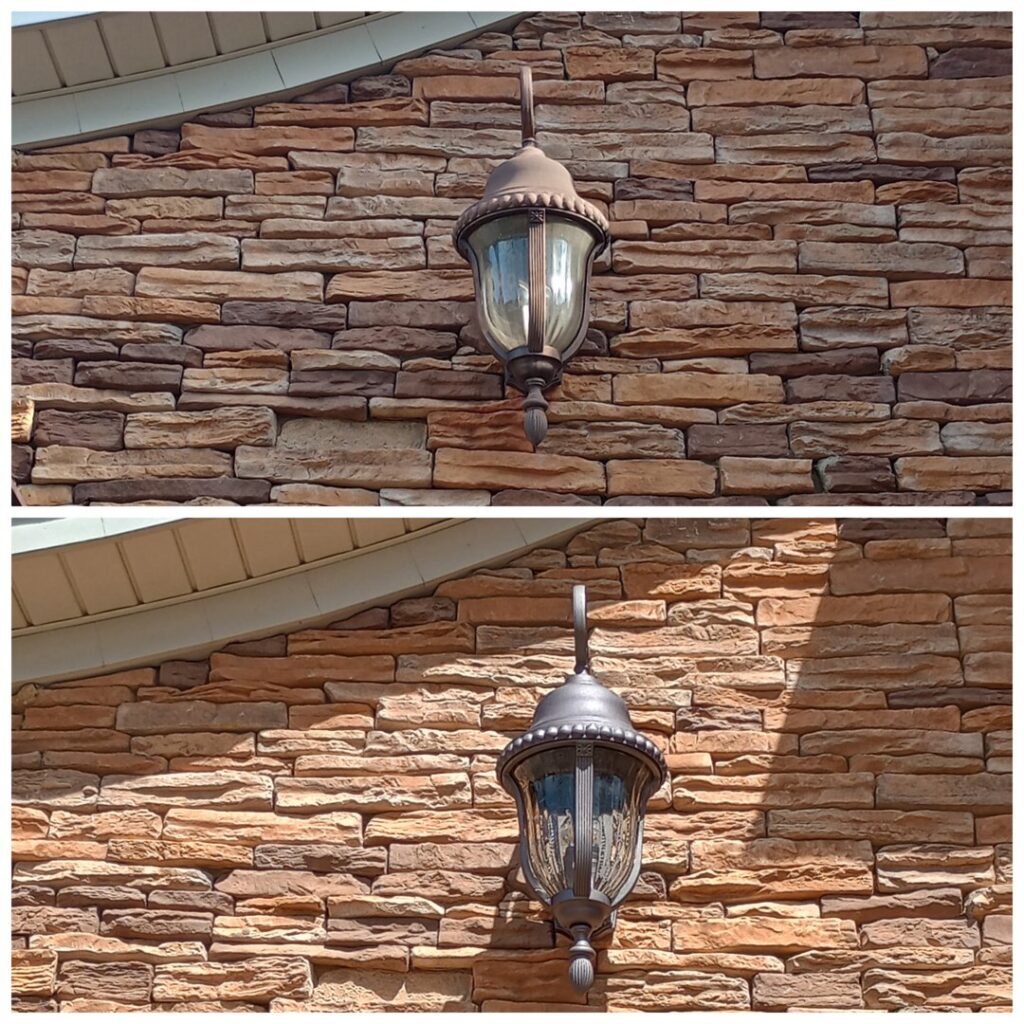 Before and after of an exterior wall sconce replacement on a stone wall by Elite Electrical TN in Jackson, TN.