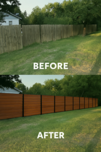 Before and after view of a fence replacement project completed by Fensteel LLC in Laredo, TX.