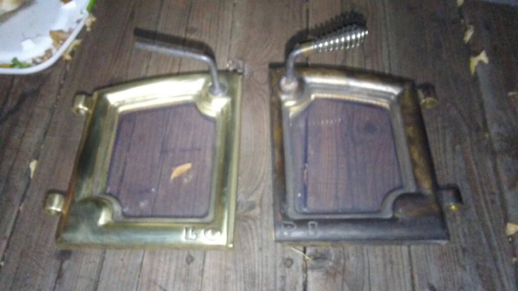 Before and after comparison of fireplace doors, showing professional cleaning by Chimney Karma in Fort Collins, CO.