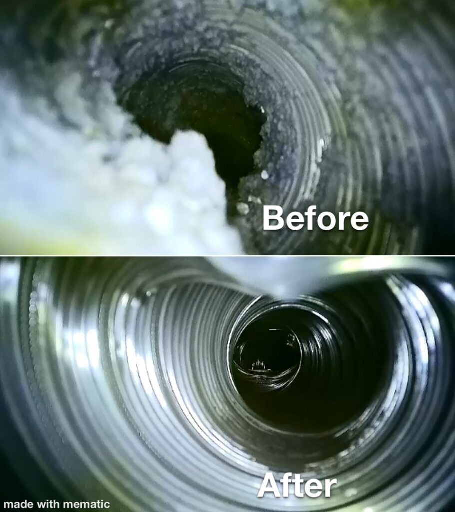 A before and after comparison showing a dirty flexible air duct transformed into a clean one by Duct Dudes in Scottsdale, AZ.