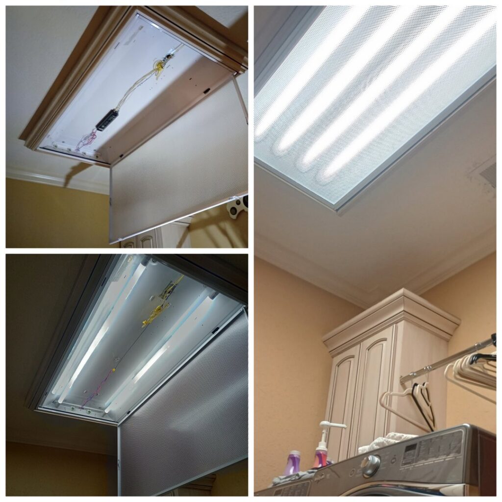 Before and after of a fluorescent light fixture upgrade in a laundry room by Elite Electrical TN in Jackson, TN.
