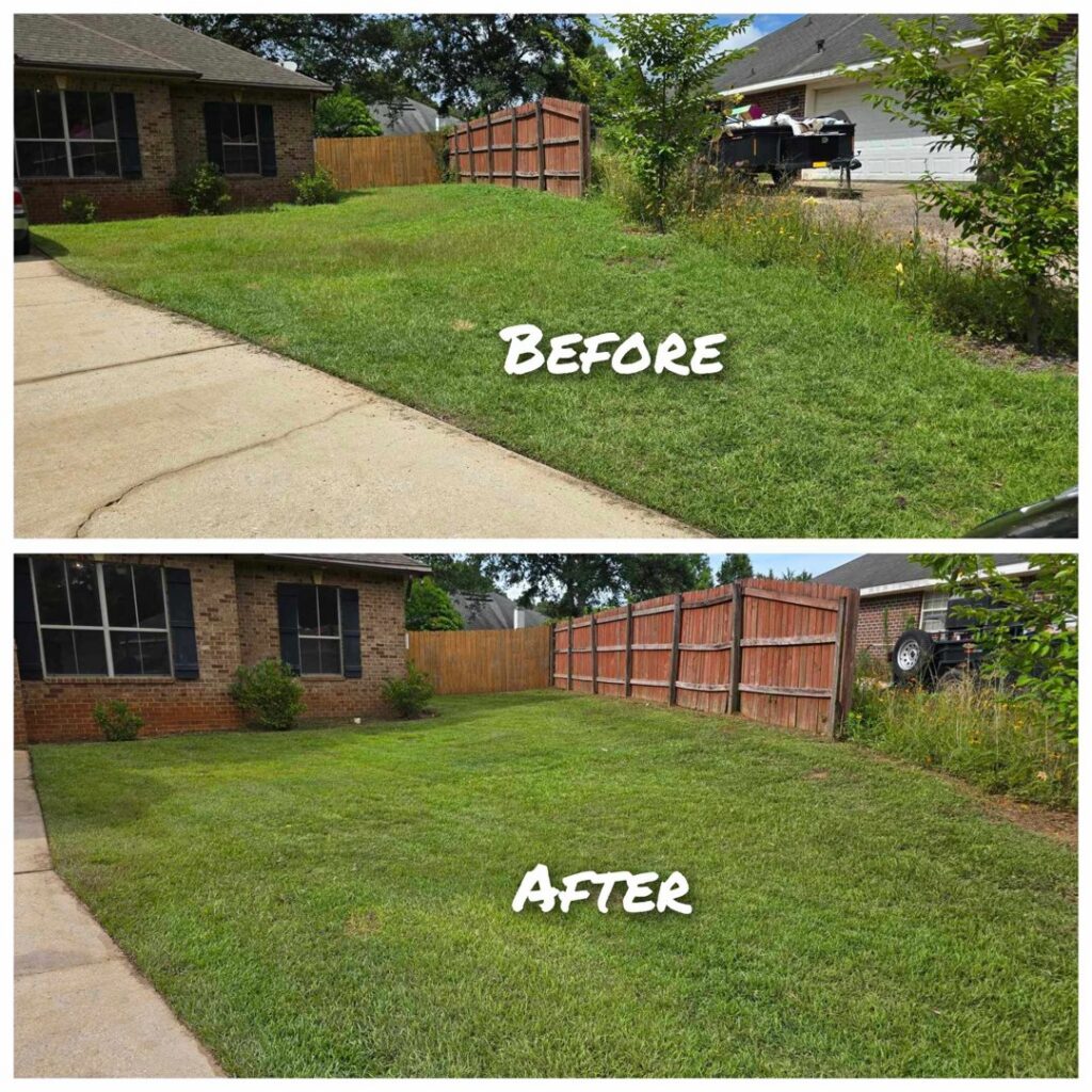 Before and after photos of a front yard cleanup and mowing service by Southern Rooted Lawns in Mobile, AL.